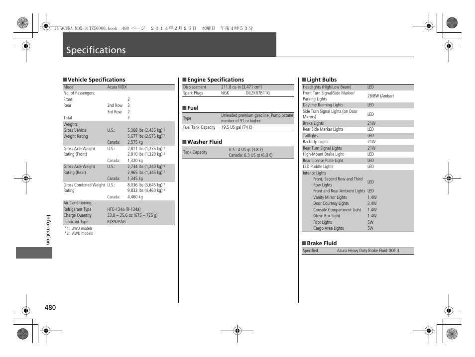 Specifications p. 480, Specifications | Acura 2014 MDX - Owner's Manual User Manual | Page 481 / 501