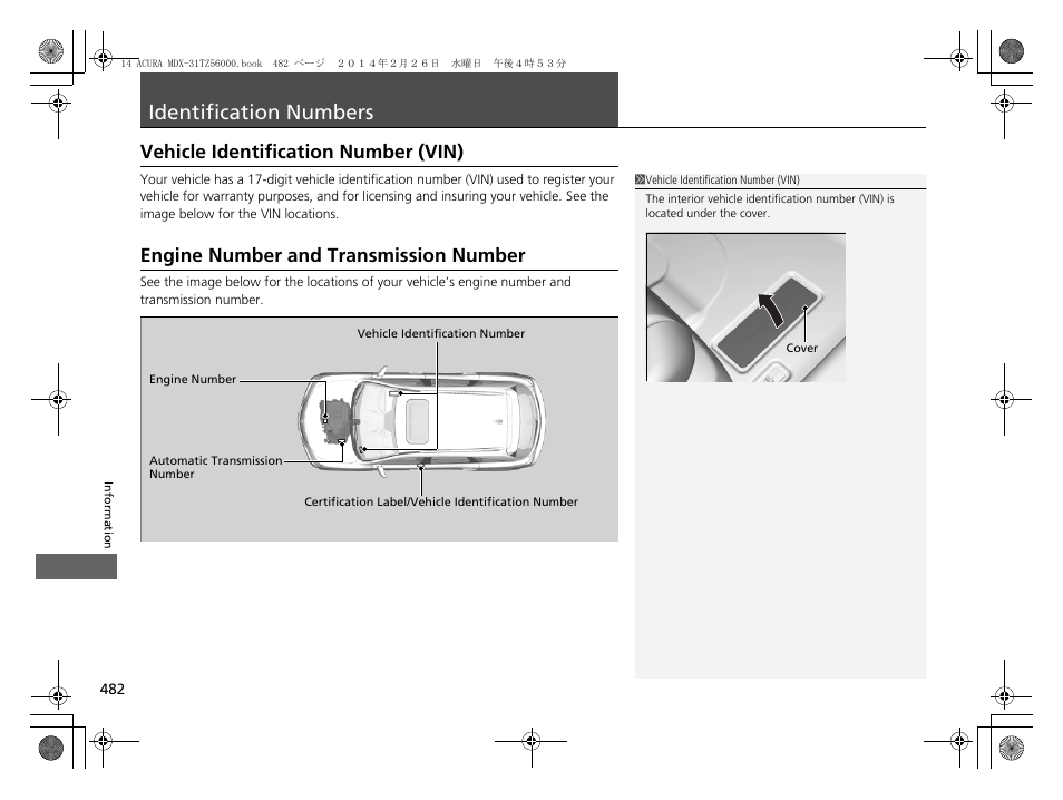 Identification numbers p. 482, Identification numbers, Vehicle identification number (vin) | Engine number and transmission, Number, Engine number and transmission number | Acura 2014 MDX - Owner's Manual User Manual | Page 483 / 501