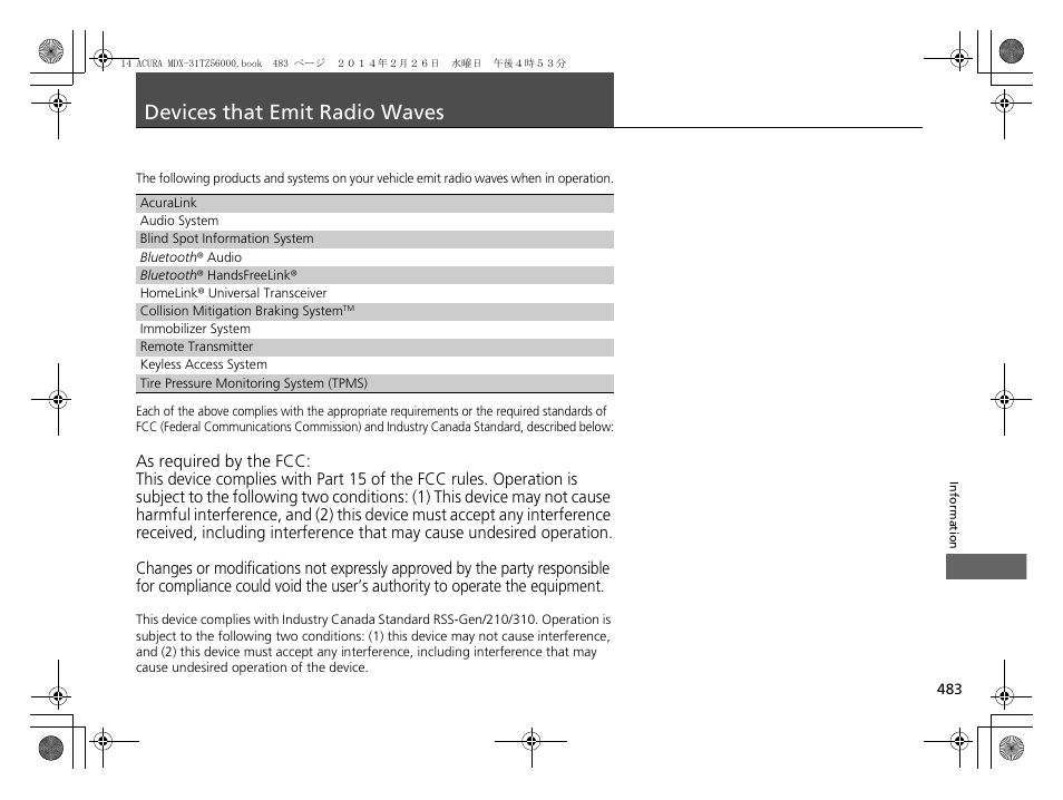 Devices that emit radio waves | Acura 2014 MDX - Owner's Manual User Manual | Page 484 / 501