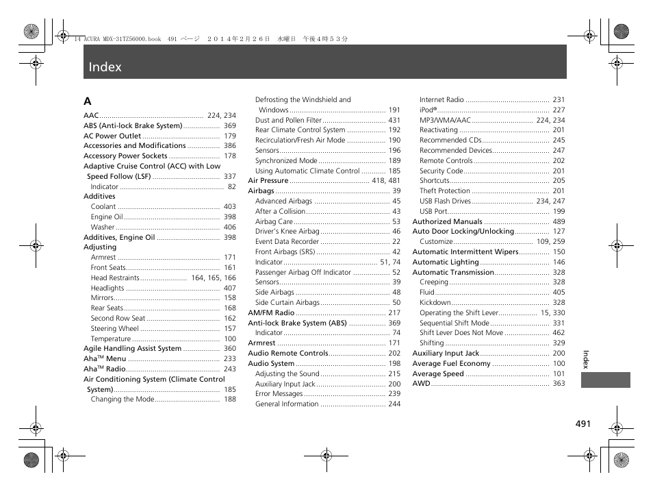 Index, Index a | Acura 2014 MDX - Owner's Manual User Manual | Page 492 / 501