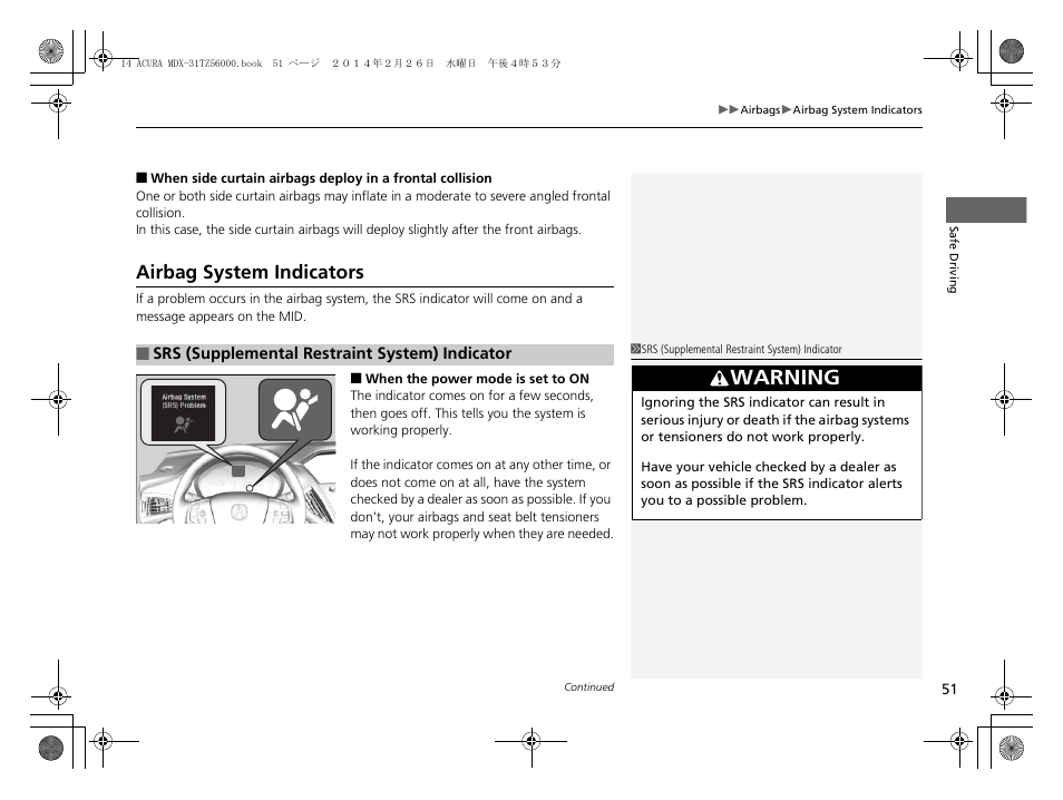 Airbag system indicators, Warning | Acura 2014 MDX - Owner's Manual User Manual | Page 52 / 501