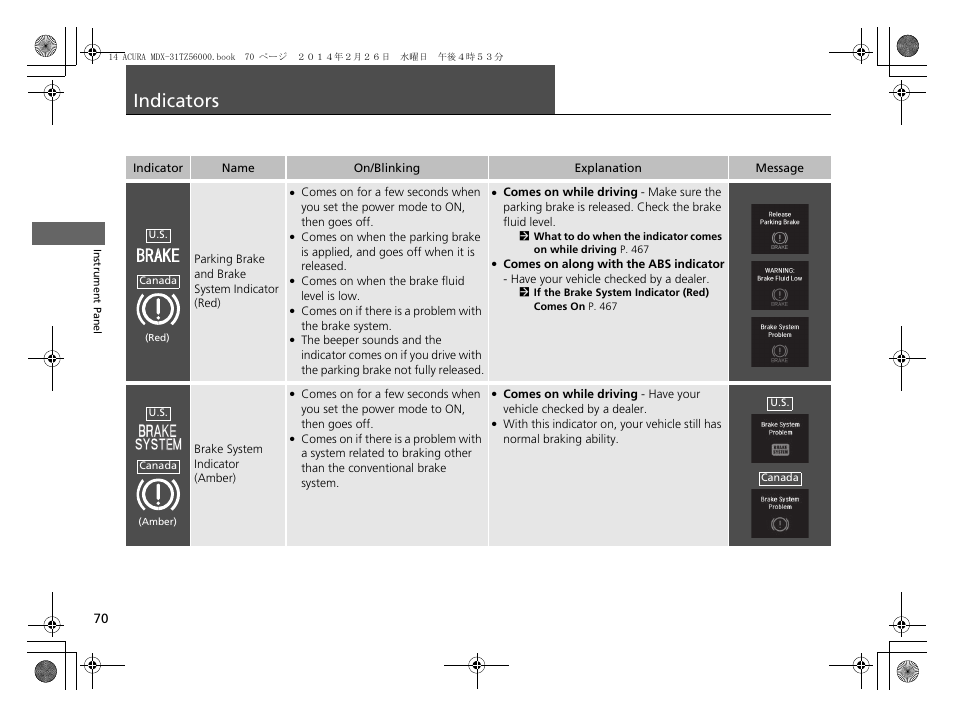 Indicators p. 70, P70), Indicators | Acura 2014 MDX - Owner's Manual User Manual | Page 71 / 501