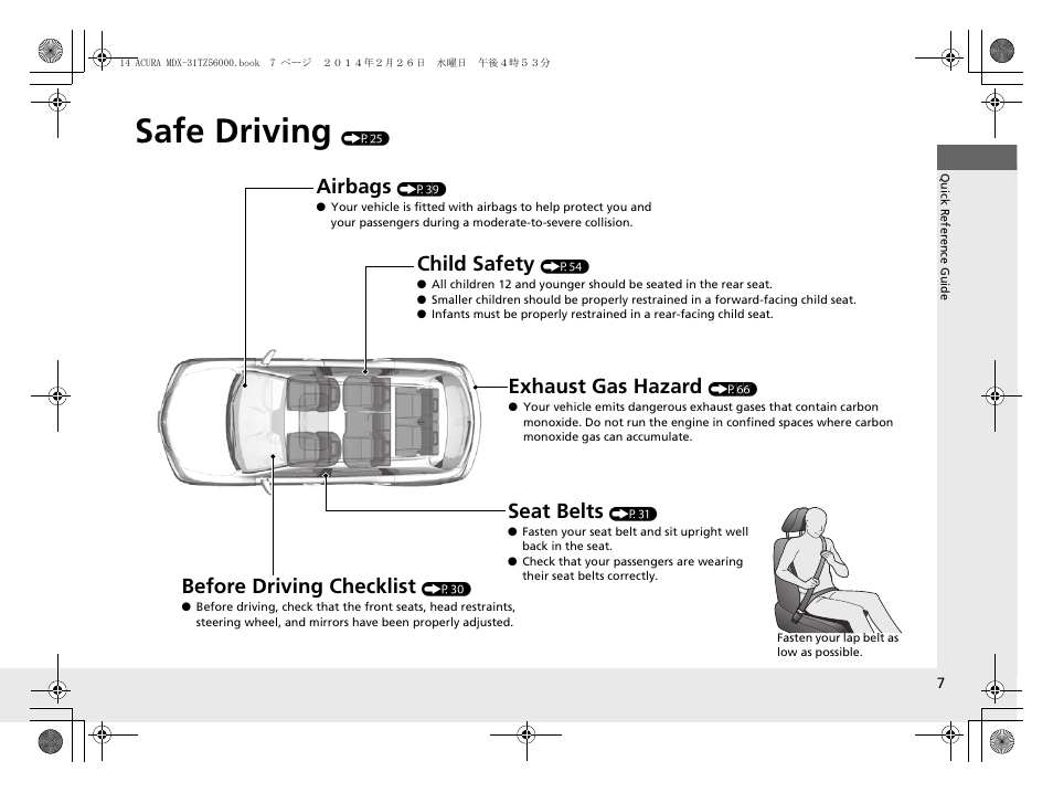 Safe driving (p25), Safe driving, Airbags | Child safety, Exhaust gas hazard, Before driving checklist, Seat belts | Acura 2014 MDX - Owner's Manual User Manual | Page 8 / 501