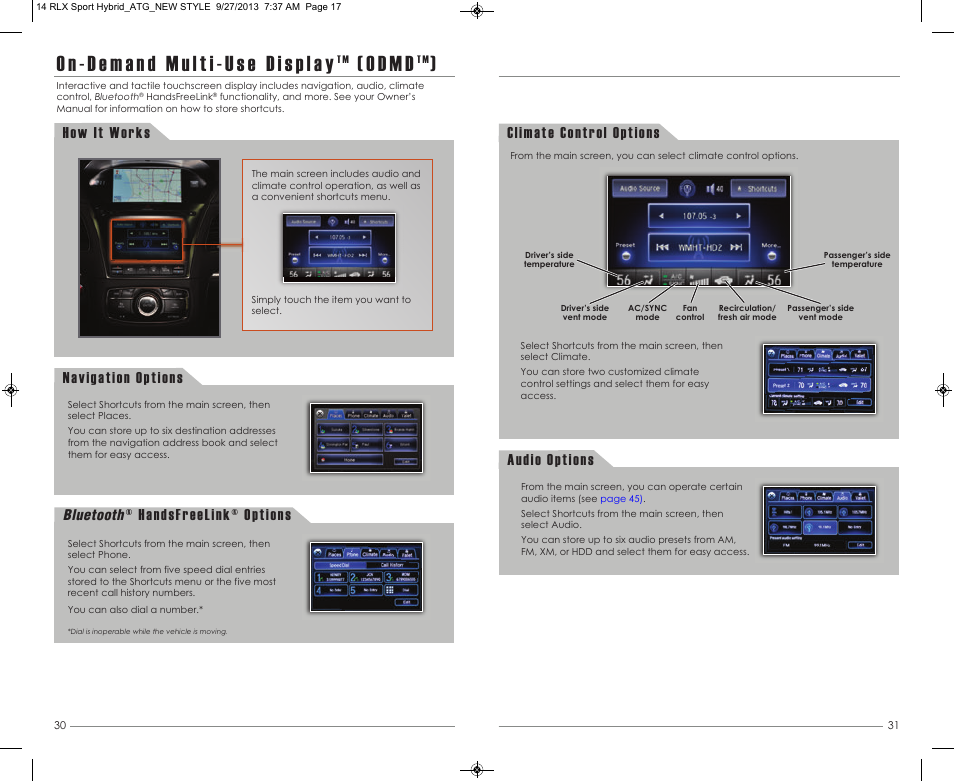 P. 30, O d m d, How it works navigation options | Handsfreelink® options, Audio options climate control options, Bluetooth | Acura 2014 RLX Hybrid - Advanced Technology Guide User Manual | Page 17 / 29