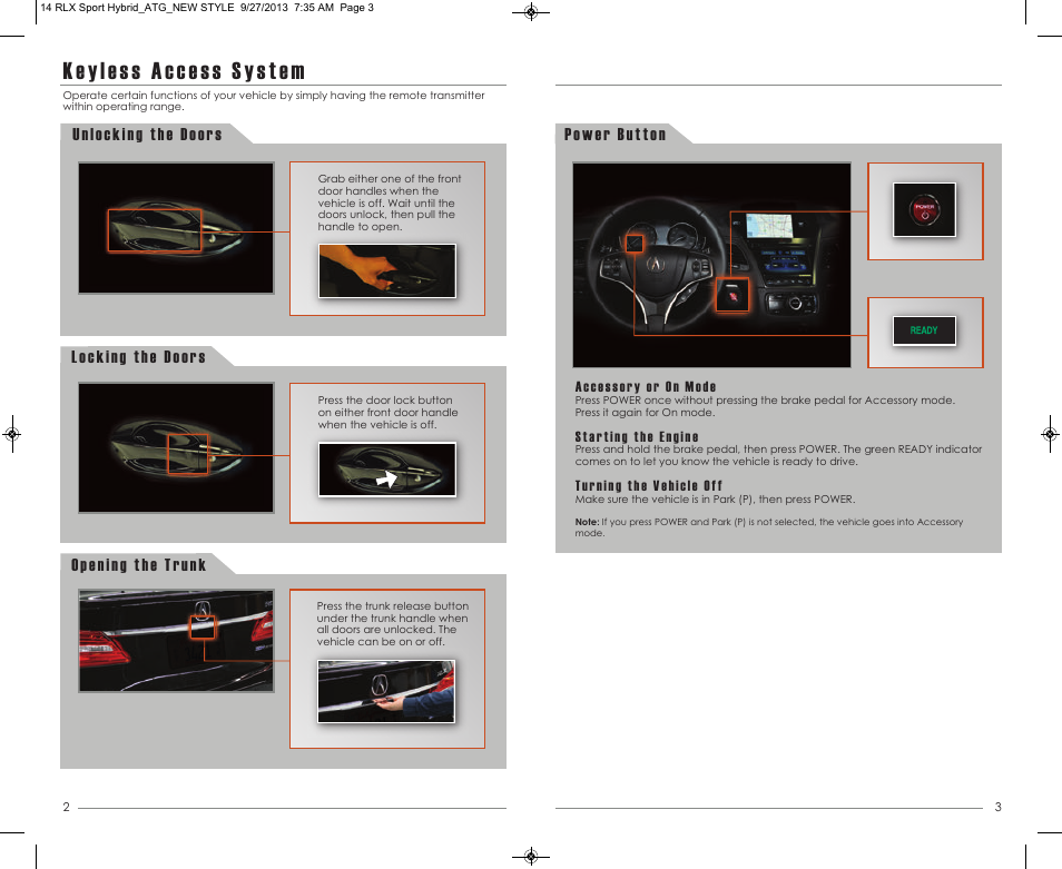 Keyless access system, Power button | Acura 2014 RLX Hybrid - Advanced Technology Guide User Manual | Page 3 / 29