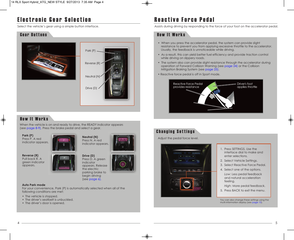 Electronic gear selection, Reactive force pedal, Gear buttons | How it works | Acura 2014 RLX Hybrid - Advanced Technology Guide User Manual | Page 4 / 29