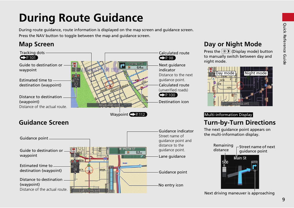During route guidance, Map screen guidance screen, Day or night mode | Turn-by-turn directions | Acura 2014 RLX Hybrid - Navigation Manual User Manual | Page 10 / 156