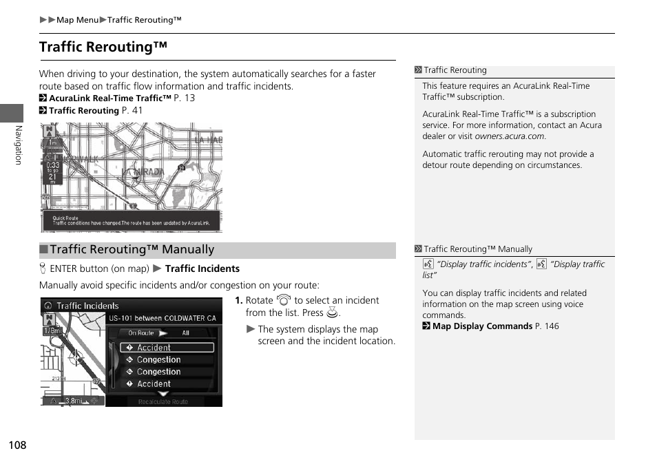 P108), Traffic rerouting, 2 traffic rerouting™ p. 108 | 2 traffic rerouting, P. 108, Traffic rerouting™ manually | Acura 2014 RLX Hybrid - Navigation Manual User Manual | Page 109 / 156
