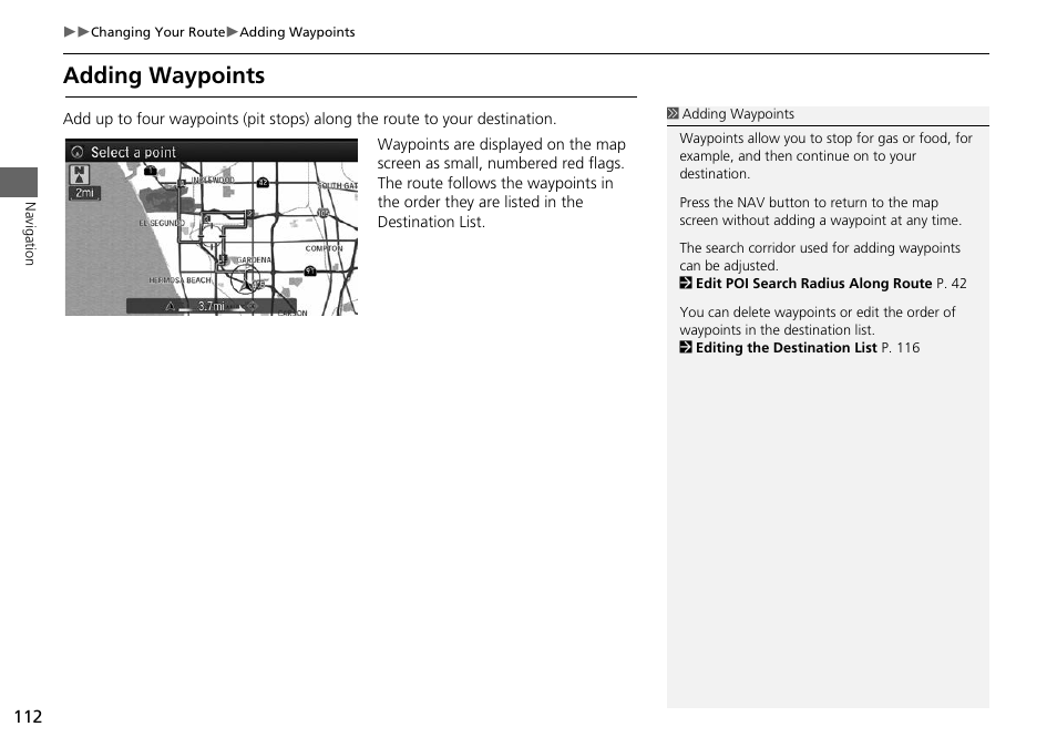 P112), Waypoint, Your route | Adding waypoints | Acura 2014 RLX Hybrid - Navigation Manual User Manual | Page 113 / 156
