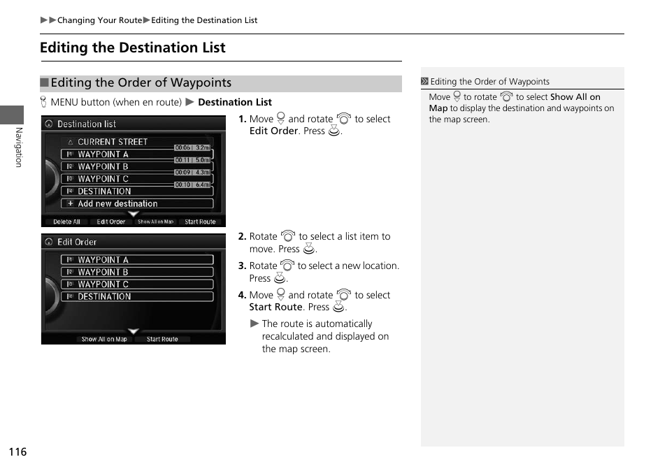 Editing the destination list, 2 editing the destination list, P. 116 | Acura 2014 RLX Hybrid - Navigation Manual User Manual | Page 117 / 156