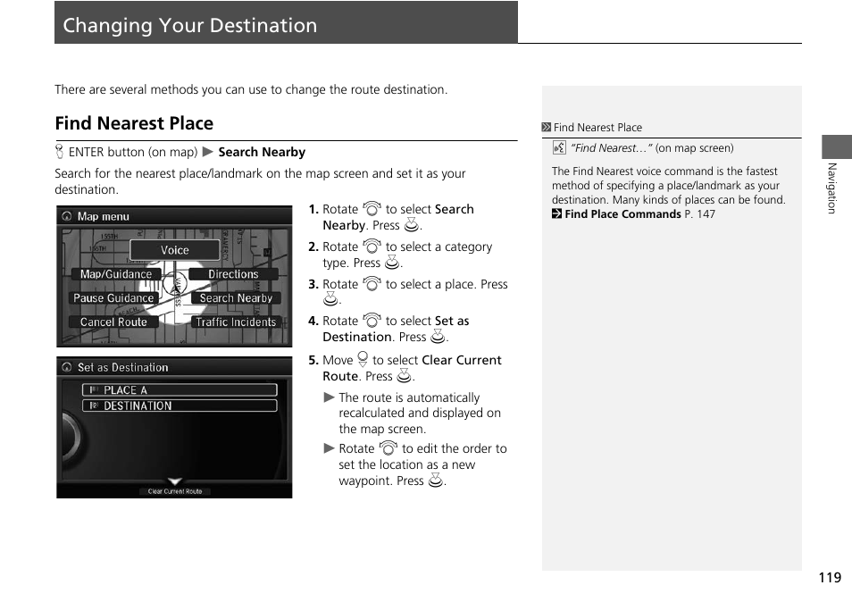 Changing your destination 119, P119), Changing your destination | Find nearest place, 2 find nearest place p. 119, 2 find nearest place, P. 119 | Acura 2014 RLX Hybrid - Navigation Manual User Manual | Page 120 / 156