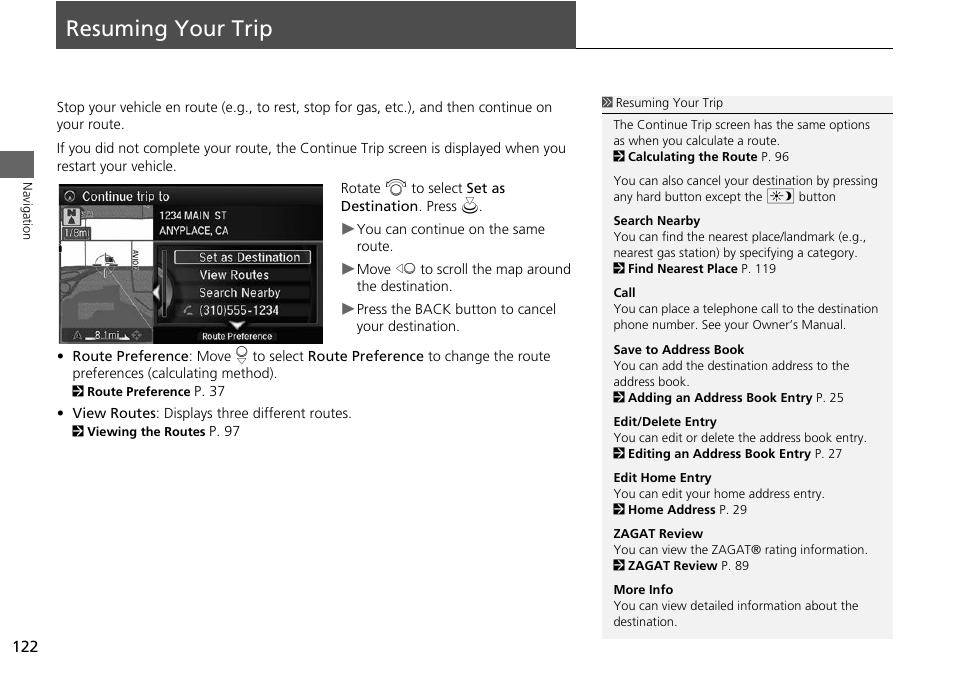 Resuming your trip 122, Resuming your trip, 2 resuming your trip | P. 122 | Acura 2014 RLX Hybrid - Navigation Manual User Manual | Page 123 / 156