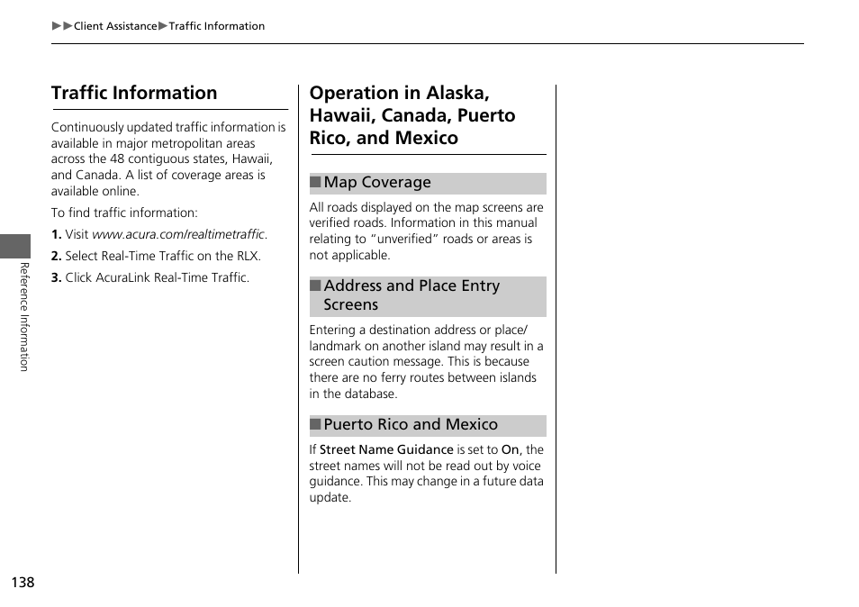 Puerto rico, and mexico, Traffic information | Acura 2014 RLX Hybrid - Navigation Manual User Manual | Page 139 / 156