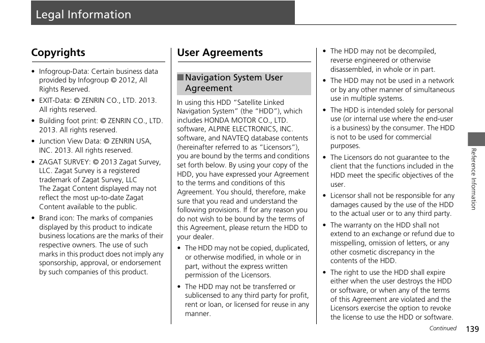 Legal information 139, Legal information, Copyrights user agreements | Copyrights, User agreements | Acura 2014 RLX Hybrid - Navigation Manual User Manual | Page 140 / 156