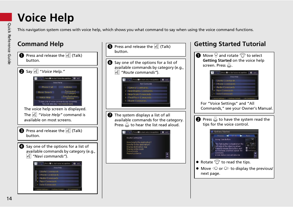 Voice help, P14), Voice help (p14) | Command help, Getting started tutorial | Acura 2014 RLX Hybrid - Navigation Manual User Manual | Page 15 / 156