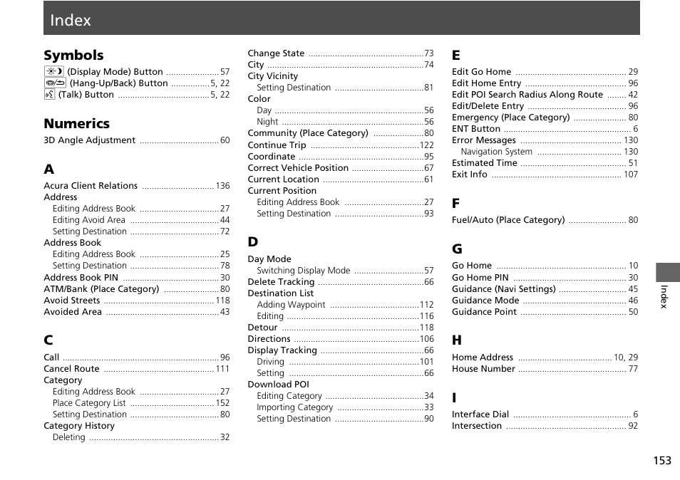 Index, P.153, Symbols | Numerics | Acura 2014 RLX Hybrid - Navigation Manual User Manual | Page 154 / 156