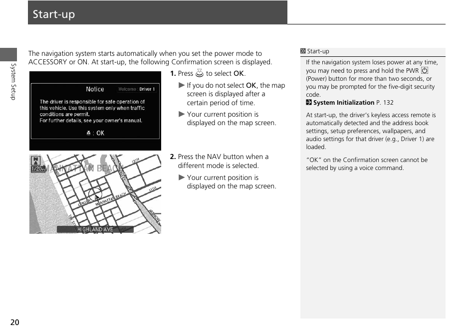 Start-up 20, Nav button, P20) | Start-up | Acura 2014 RLX Hybrid - Navigation Manual User Manual | Page 21 / 156