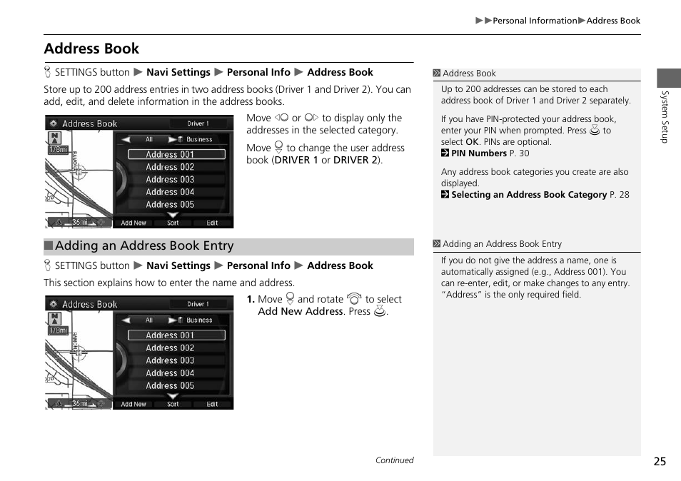 P25), Address book, 2 address book | P. 25 | Acura 2014 RLX Hybrid - Navigation Manual User Manual | Page 26 / 156