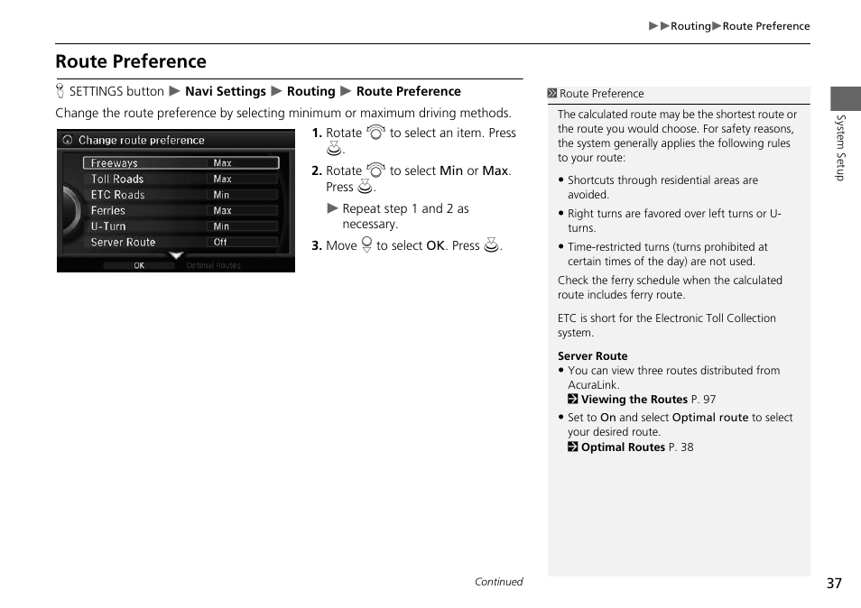 Route preference, 2 route preference, P. 37 | Acura 2014 RLX Hybrid - Navigation Manual User Manual | Page 38 / 156