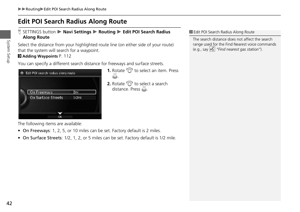 Edit poi search radius along route, 2 edit poi search radius along route, P. 42 | Acura 2014 RLX Hybrid - Navigation Manual User Manual | Page 43 / 156