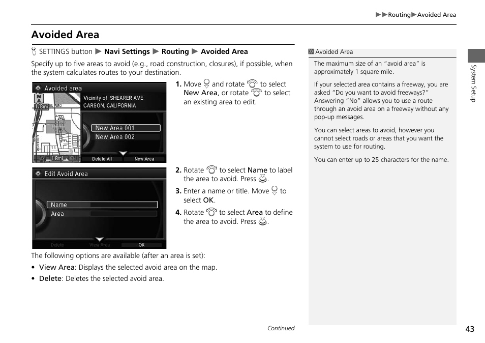 Avoided area, 2 avoided area, P. 43 | Acura 2014 RLX Hybrid - Navigation Manual User Manual | Page 44 / 156