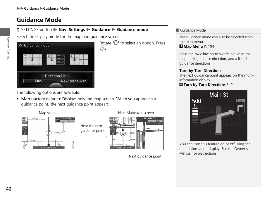 Guidance mode, 2 guidance mode, P. 46 | Acura 2014 RLX Hybrid - Navigation Manual User Manual | Page 47 / 156