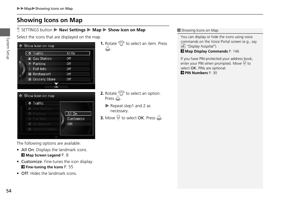 Landmark icons, P54), Showing icons on map | 2 showing icons on map, P. 54 | Acura 2014 RLX Hybrid - Navigation Manual User Manual | Page 55 / 156