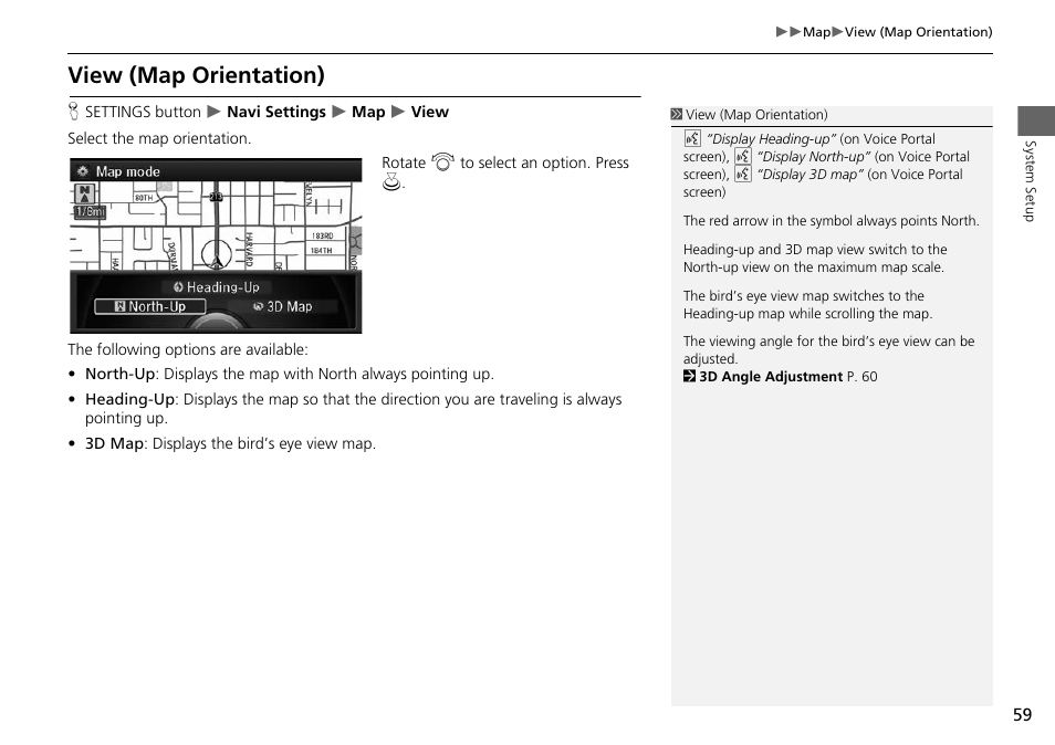 Map orientation, P59), View (map orientation) | 2 view (map orientation), P. 59 | Acura 2014 RLX Hybrid - Navigation Manual User Manual | Page 60 / 156