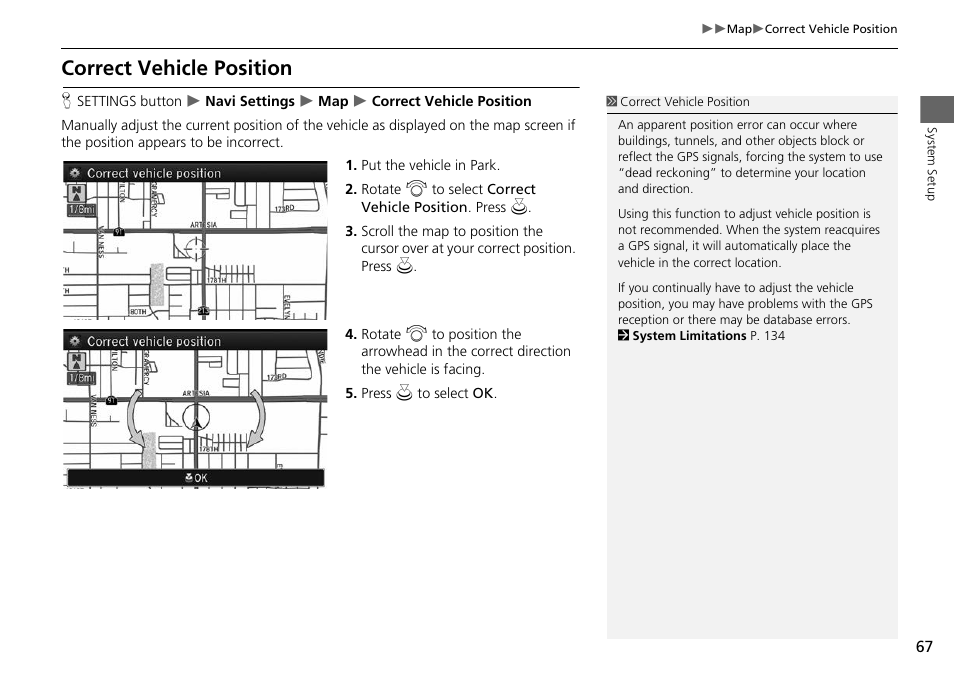 Correct vehicle position, 2 correct vehicle position, P. 67 | Acura 2014 RLX Hybrid - Navigation Manual User Manual | Page 68 / 156