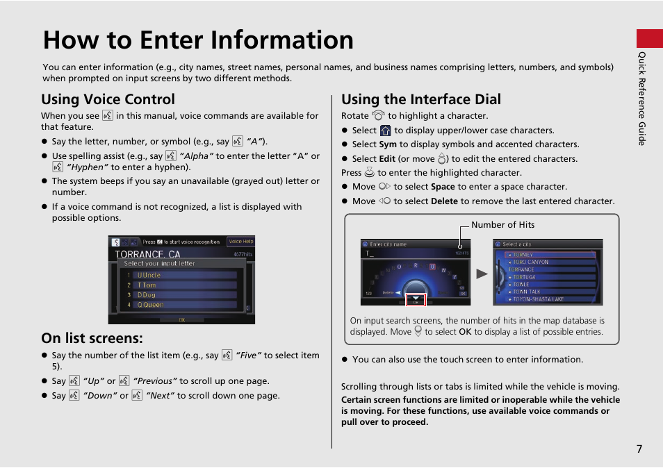 How to enter information, Using voice control, On list screens | Using the interface dial | Acura 2014 RLX Hybrid - Navigation Manual User Manual | Page 8 / 156