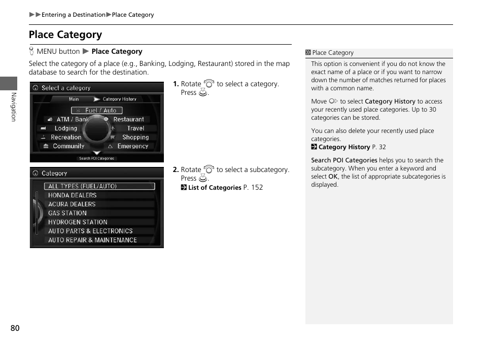 2 place category, P. 80, Place category | Acura 2014 RLX Hybrid - Navigation Manual User Manual | Page 81 / 156