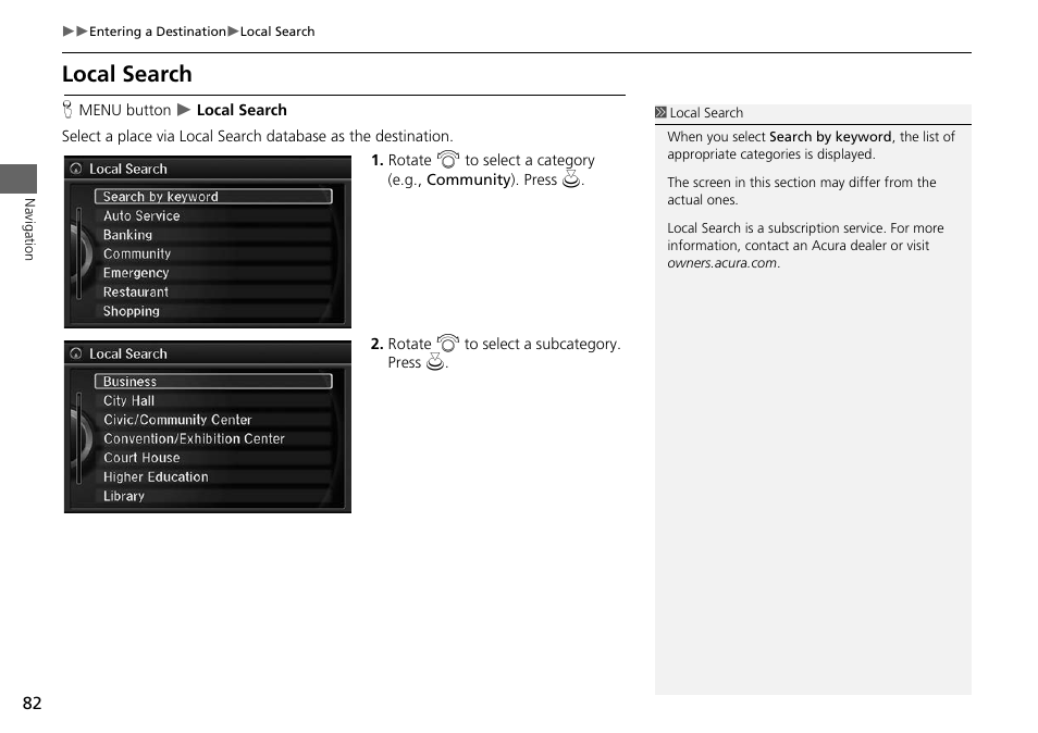 2 local search, P. 82, Local search | Acura 2014 RLX Hybrid - Navigation Manual User Manual | Page 83 / 156