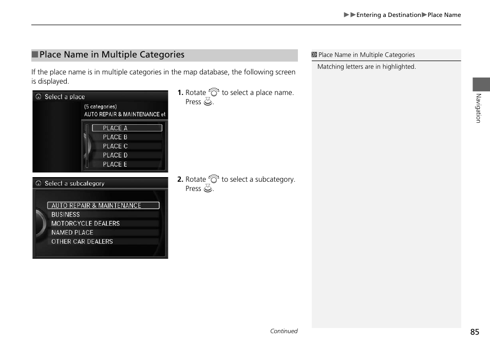 2 place name in multiple categories, P. 85 | Acura 2014 RLX Hybrid - Navigation Manual User Manual | Page 86 / 156