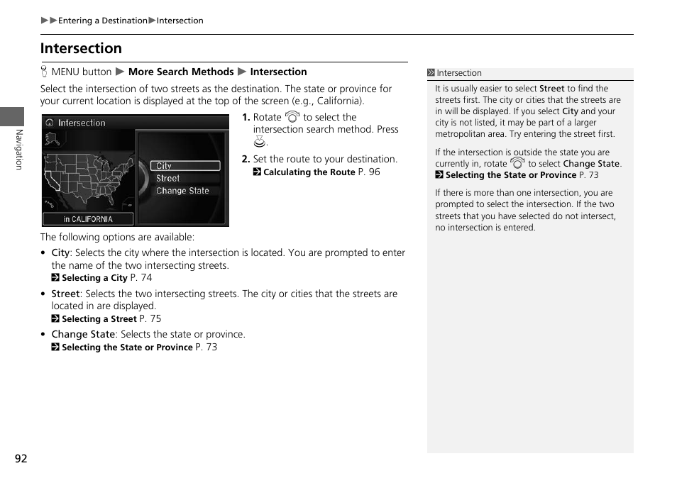 Intersection, 2 intersection, P. 92 | Acura 2014 RLX Hybrid - Navigation Manual User Manual | Page 93 / 156