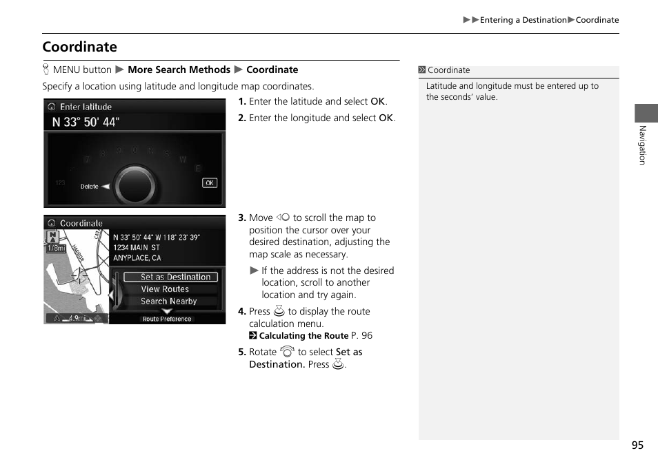Coordinate, 2 coordinate, P. 95 | Acura 2014 RLX Hybrid - Navigation Manual User Manual | Page 96 / 156