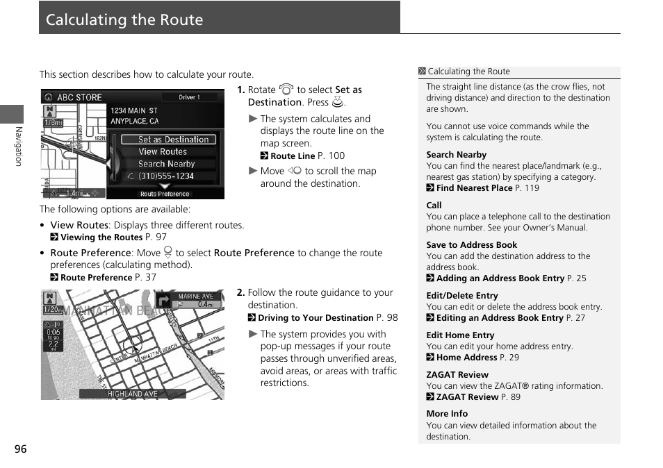 Calculating the route 96, Calculating the route, 2 calculating the route | P. 96 | Acura 2014 RLX Hybrid - Navigation Manual User Manual | Page 97 / 156