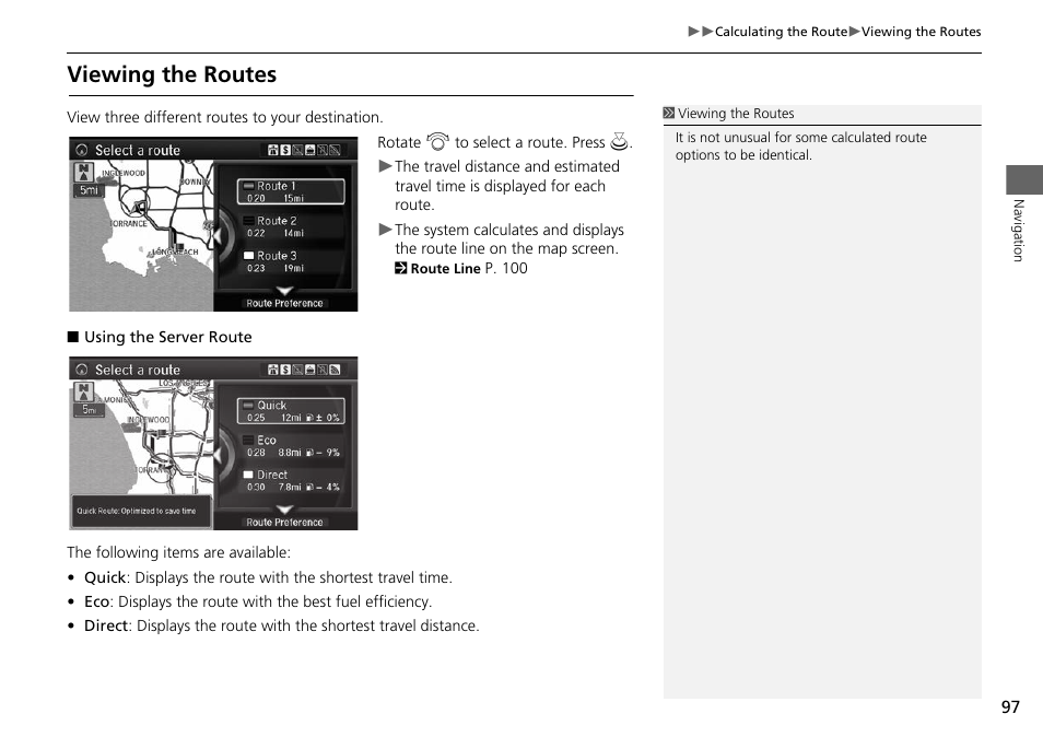 P97), Viewing the routes, 2 viewing the routes | P. 97 | Acura 2014 RLX Hybrid - Navigation Manual User Manual | Page 98 / 156