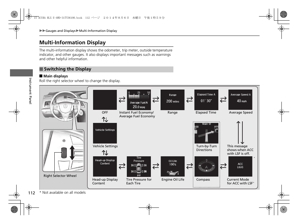 P 112, P 112, 117, Multi-information display | Acura 2014 RLX Hybrid - Owner's Manual User Manual | Page 113 / 565