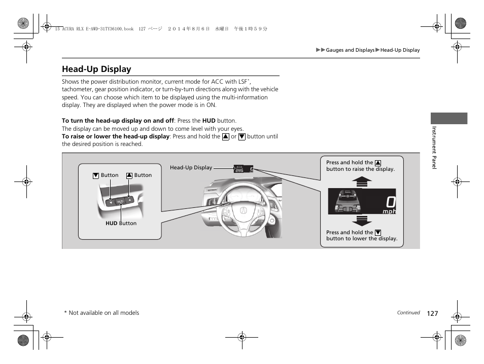 P 127), Head-up display | Acura 2014 RLX Hybrid - Owner's Manual User Manual | Page 128 / 565