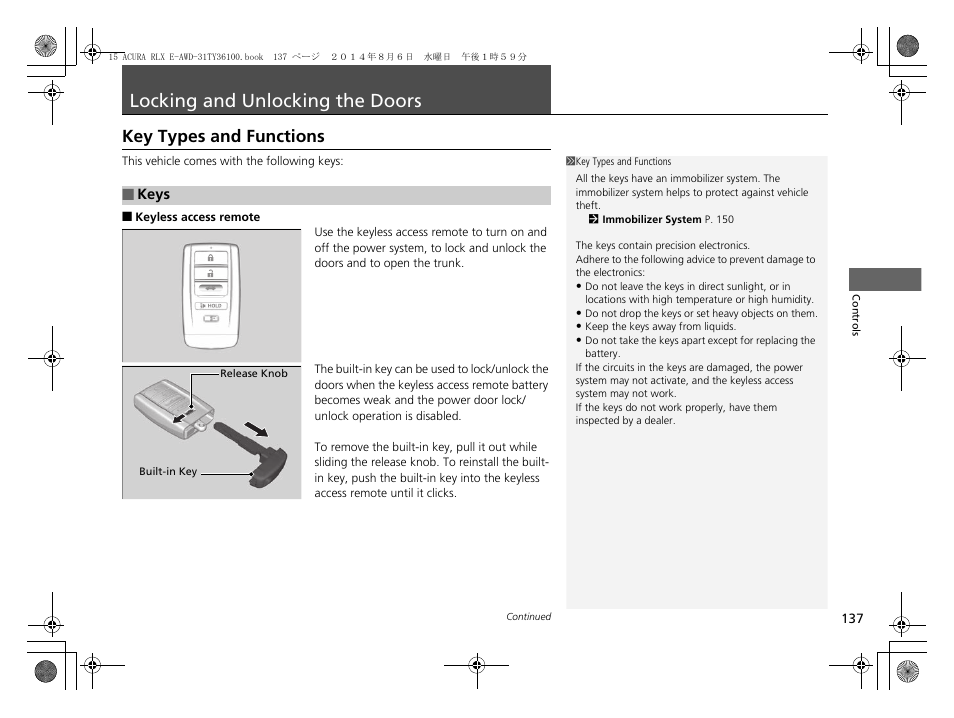 Locking and unlocking the doors p. 137, Locking and unlocking the doors, Key types and functions | Acura 2014 RLX Hybrid - Owner's Manual User Manual | Page 138 / 565