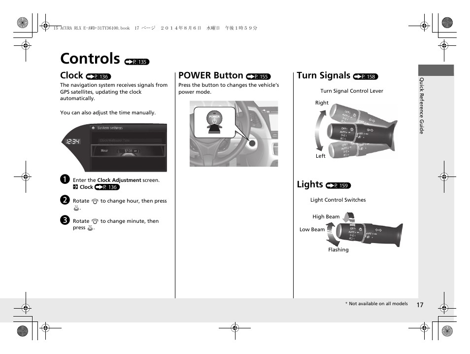 Controls (p 135), Controls, Clock | Power button, Turn signals, Lights | Acura 2014 RLX Hybrid - Owner's Manual User Manual | Page 18 / 565