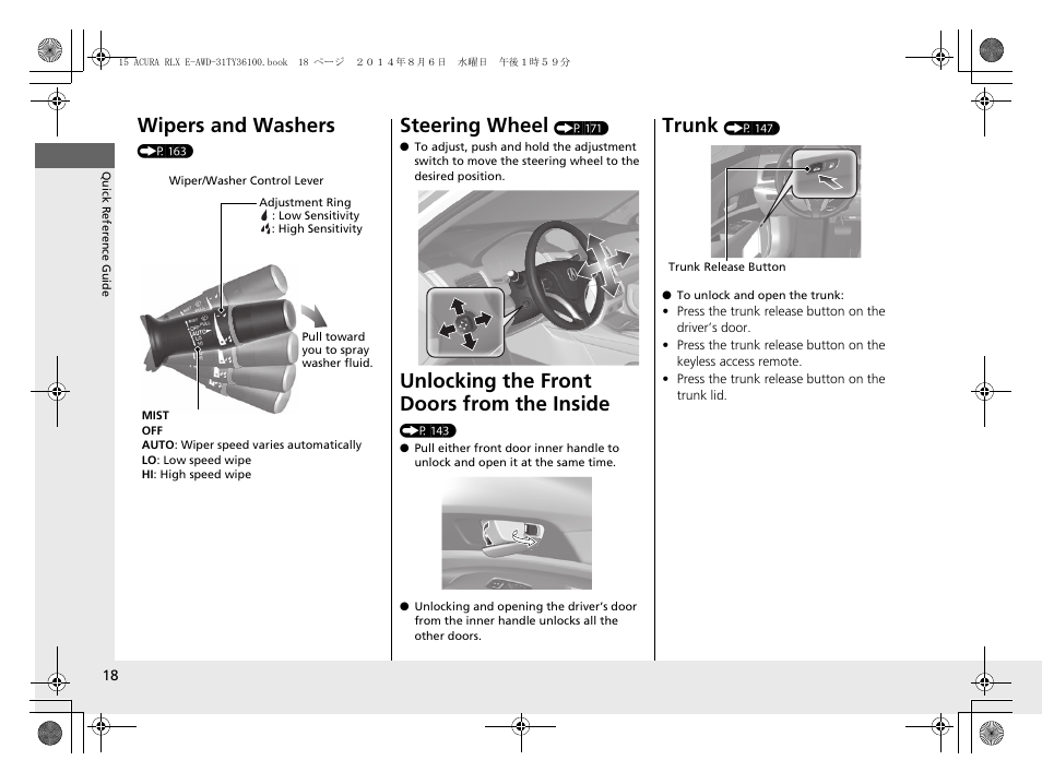 Wipers and washers, Steering wheel, Unlocking the front doors from the inside | Trunk | Acura 2014 RLX Hybrid - Owner's Manual User Manual | Page 19 / 565