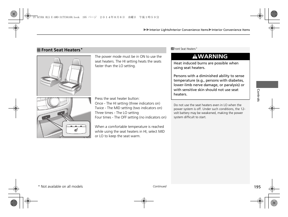 P 195), Warning | Acura 2014 RLX Hybrid - Owner's Manual User Manual | Page 196 / 565