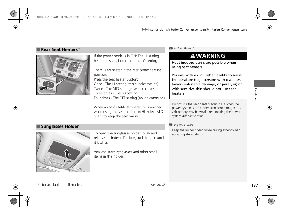 P 197, Warning | Acura 2014 RLX Hybrid - Owner's Manual User Manual | Page 198 / 565