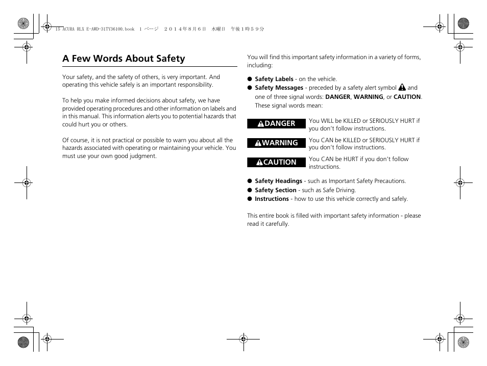 A few words about safety | Acura 2014 RLX Hybrid - Owner's Manual User Manual | Page 2 / 565