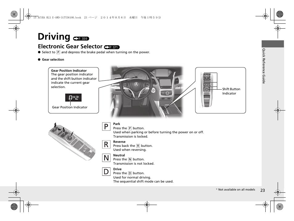 Driving (p 359), Driving, Electronic gear selector | Acura 2014 RLX Hybrid - Owner's Manual User Manual | Page 24 / 565