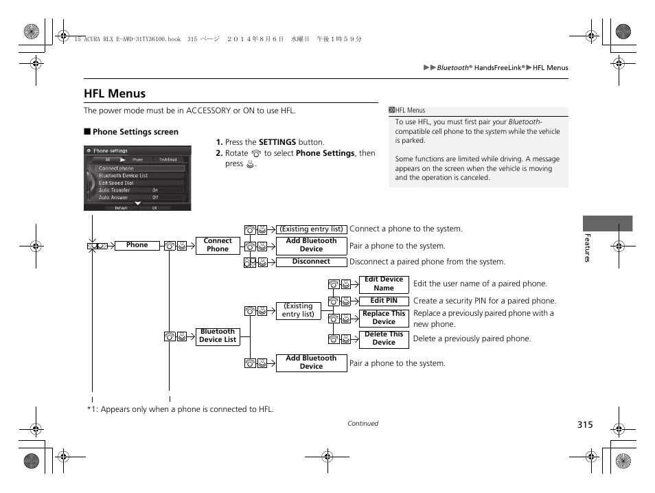 Hfl menus | Acura 2014 RLX Hybrid - Owner's Manual User Manual | Page 316 / 565