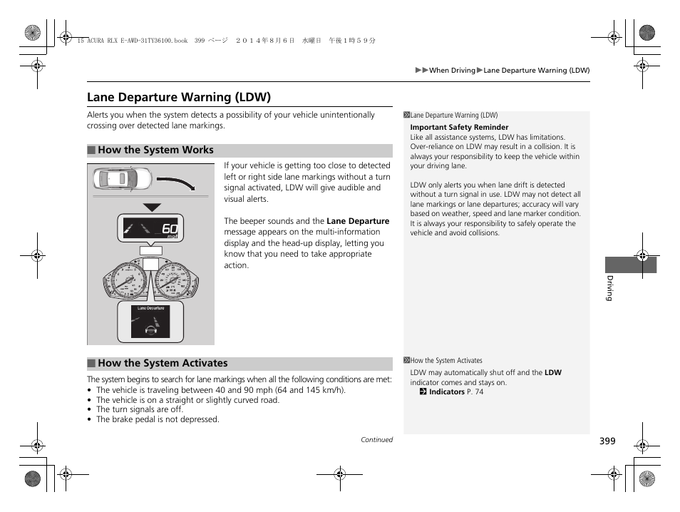 Lane departure warning (ldw), Lane departure warning (ldw) p. 399 | Acura 2014 RLX Hybrid - Owner's Manual User Manual | Page 400 / 565