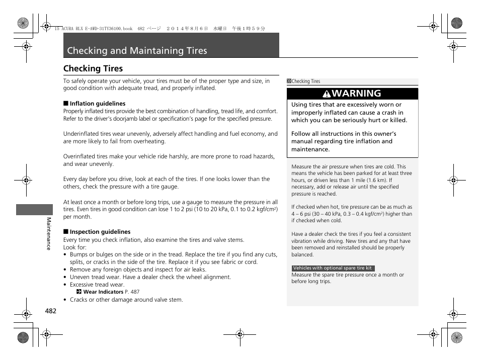 Checking and maintaining tires p. 482, P 482, P 482) | Checking and maintaining tires, Checking tires, Warning | Acura 2014 RLX Hybrid - Owner's Manual User Manual | Page 483 / 565