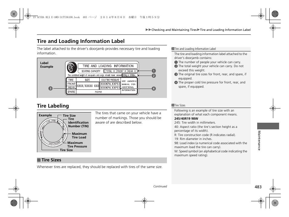 Tire and loading information label tire labeling, Tire and loading information label, Tire labeling | Acura 2014 RLX Hybrid - Owner's Manual User Manual | Page 484 / 565